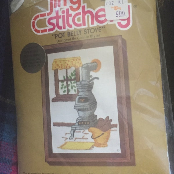 Jiffy Stitchery “Pot Belly Stove” crewel embroidery kit