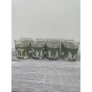Wedgwood Jeanette Hellenic Vintage Jasperware Green Grecian 8 Shot Glasses.