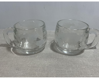 Nestle' Etched Glass World Globe/Map Coffee Mugs Cups Vintage 1970 Set Of 2