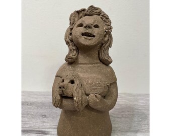 Vintage Margaret Hudson Earth Art Studio Girl Holding Dog Handcrafted Clay Art