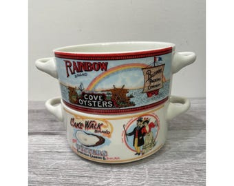 Juego de 2 cuencos para sopa de ostras Fabled Labels, estilo vintage de 1992, marca Rainbow Cake Walk.