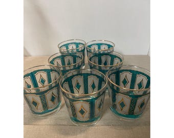 Juego de 7 vasos de whisky MCM Federal Teal Gold Diamond Rocks, estilo Hollywood Regency