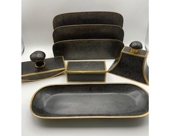 Chinese Cloisonne 1930's Nouveau Scroll & Floral Enamel Brass 5 piece Desk Set