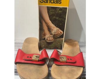 Vintage Dr Scholls Exercise Sandals Red Leather Wood Slides Womens 8 Austria