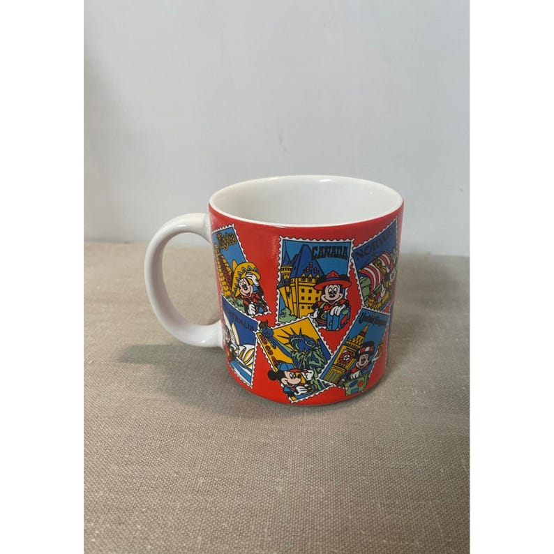 Disney Mickey Mouse World Traveler Postage Stamp Coffee Mug Red Made in Japan image 2