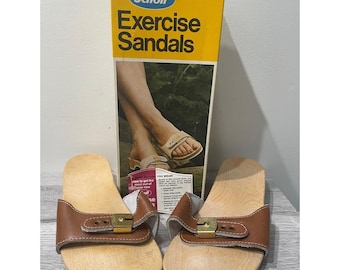 Dr Scholl's Vintage Exercise Sandals Wood Leather Brown Size 8 Made In Austria