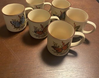 Vintage Set Of 6 Viking Stoneware Speckled Butterfly Coffee Mugs Cups NEW