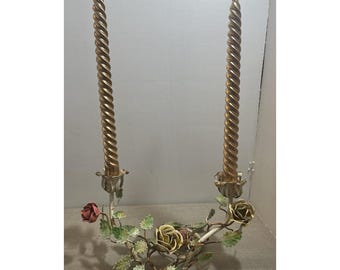 Italian toleware 2 Metal candleholder Vintage Hollywood Regency 1960's