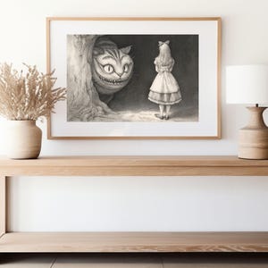 alice cheshire cat, victorian etching style, black ink illustration, lewis carroll print, classic cross hatching, wonderland storybook art, dark academia decor, monochrome wall art, cheshire cat grin, through looking glass, whimsical library art, vintage storybook aesthetic, ancient tree texture, intricate line drawing, high contrast decor, gothic nursery print, alice in wonderland, enchanted forest art, traditional ink style, home library decor, jerdela print studio