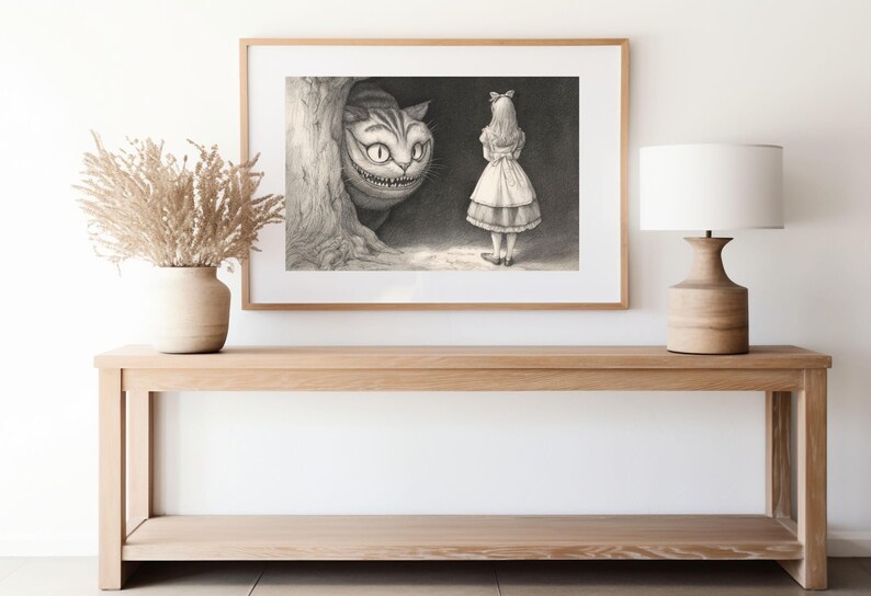 alice cheshire cat, victorian etching style, black ink illustration, lewis carroll print, classic cross hatching, wonderland storybook art, dark academia decor, monochrome wall art, cheshire cat grin, through looking glass, whimsical library art, vintage storybook aesthetic, ancient tree texture, intricate line drawing, high contrast decor, gothic nursery print, alice in wonderland, enchanted forest art, traditional ink style, home library decor, jerdela print studio
