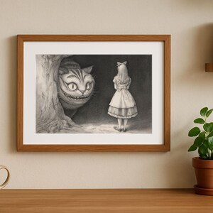 alice cheshire cat, victorian etching style, black ink illustration, lewis carroll print, classic cross hatching, wonderland storybook art, dark academia decor, monochrome wall art, cheshire cat grin, through looking glass, whimsical library art, vintage storybook aesthetic, ancient tree texture, intricate line drawing, high contrast decor, gothic nursery print, alice in wonderland, enchanted forest art, traditional ink style, home library decor, jerdela print studio