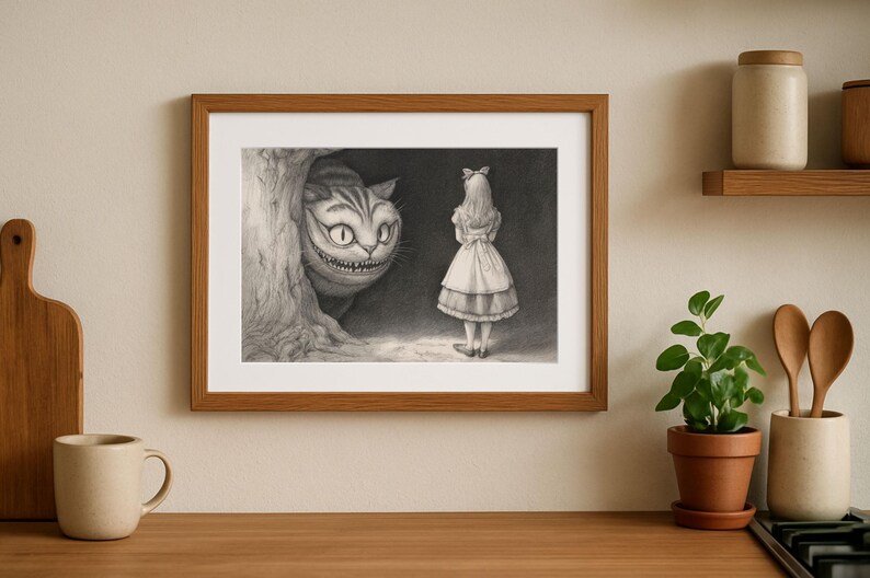 alice cheshire cat, victorian etching style, black ink illustration, lewis carroll print, classic cross hatching, wonderland storybook art, dark academia decor, monochrome wall art, cheshire cat grin, through looking glass, whimsical library art, vintage storybook aesthetic, ancient tree texture, intricate line drawing, high contrast decor, gothic nursery print, alice in wonderland, enchanted forest art, traditional ink style, home library decor, jerdela print studio