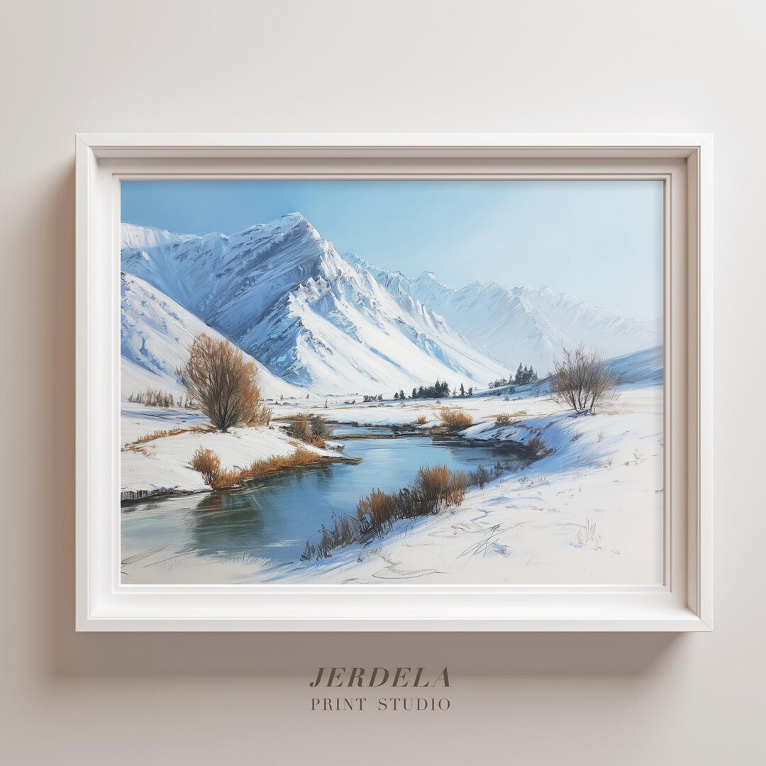 Snowy Mountain Landscape Art Print | Winter River Pastel Painting ...