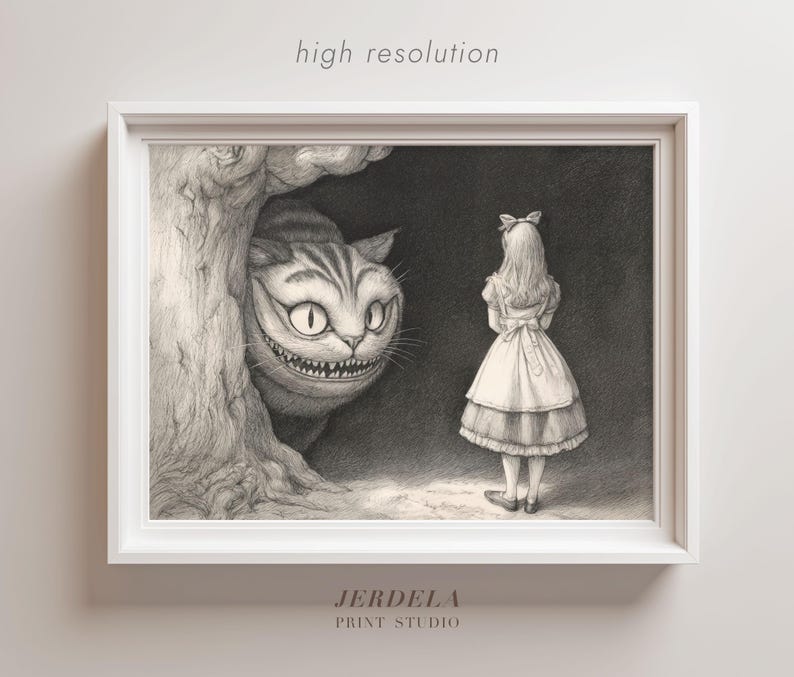 alice cheshire cat, victorian etching style, black ink illustration, lewis carroll print, classic cross hatching, wonderland storybook art, dark academia decor, monochrome wall art, cheshire cat grin, through looking glass, whimsical library art, vintage storybook aesthetic, ancient tree texture, intricate line drawing, high contrast decor, gothic nursery print, alice in wonderland, enchanted forest art, traditional ink style, home library decor, jerdela print studio