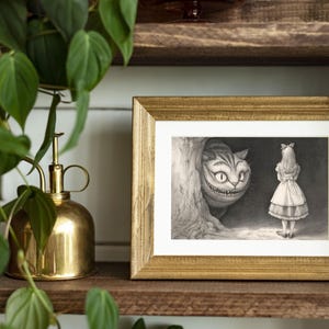 alice cheshire cat, victorian etching style, black ink illustration, lewis carroll print, classic cross hatching, wonderland storybook art, dark academia decor, monochrome wall art, cheshire cat grin, through looking glass, whimsical library art, vintage storybook aesthetic, ancient tree texture, intricate line drawing, high contrast decor, gothic nursery print, alice in wonderland, enchanted forest art, traditional ink style, home library decor, jerdela print studio