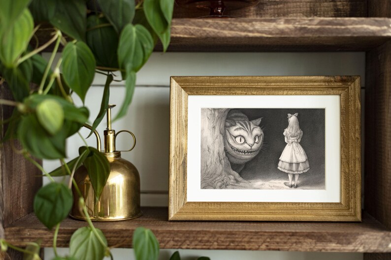 alice cheshire cat, victorian etching style, black ink illustration, lewis carroll print, classic cross hatching, wonderland storybook art, dark academia decor, monochrome wall art, cheshire cat grin, through looking glass, whimsical library art, vintage storybook aesthetic, ancient tree texture, intricate line drawing, high contrast decor, gothic nursery print, alice in wonderland, enchanted forest art, traditional ink style, home library decor, jerdela print studio