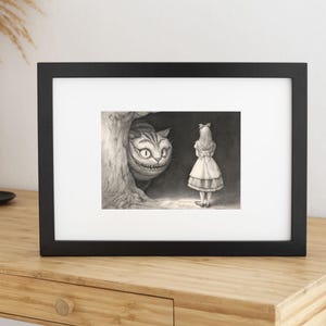 alice cheshire cat, victorian etching style, black ink illustration, lewis carroll print, classic cross hatching, wonderland storybook art, dark academia decor, monochrome wall art, cheshire cat grin, through looking glass, whimsical library art, vintage storybook aesthetic, ancient tree texture, intricate line drawing, high contrast decor, gothic nursery print, alice in wonderland, enchanted forest art, traditional ink style, home library decor, jerdela print studio