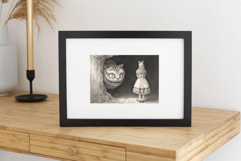 alice cheshire cat, victorian etching style, black ink illustration, lewis carroll print, classic cross hatching, wonderland storybook art, dark academia decor, monochrome wall art, cheshire cat grin, through looking glass, whimsical library art, vintage storybook aesthetic, ancient tree texture, intricate line drawing, high contrast decor, gothic nursery print, alice in wonderland, enchanted forest art, traditional ink style, home library decor, jerdela print studio