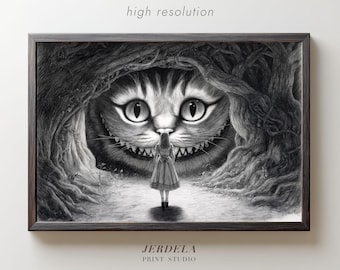 Alice and Cheshire Cat Print | Lewis Carroll Wall Art | Dark Gothic Illustration | Digital Download