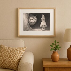alice cheshire cat, victorian etching style, black ink illustration, lewis carroll print, classic cross hatching, wonderland storybook art, dark academia decor, monochrome wall art, cheshire cat grin, through looking glass, whimsical library art, vintage storybook aesthetic, ancient tree texture, intricate line drawing, high contrast decor, gothic nursery print, alice in wonderland, enchanted forest art, traditional ink style, home library decor, jerdela print studio
