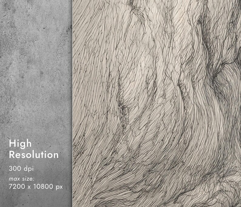May include: Abstract artwork featuring a detailed, flowing pattern of thin, dark lines on a light background. The lines create a textured, wave-like effect. The image also includes text indicating high resolution, 300 dpi, and a maximum size of 7200 x 10800 px.