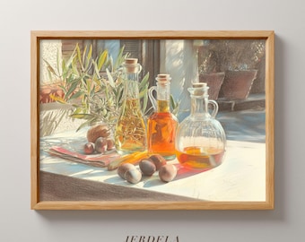 Mediterrane olijfoliestillevenprint, rustiek keukendecor (digitale download)