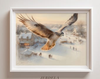 May include: Framed print of a hawk in flight over a snow-covered village. The artwork features a detailed depiction of the bird with outstretched wings, set against a soft, wintery landscape. The print is in a white frame.