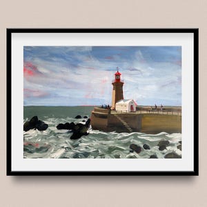 Dipinto del faro di Farolim de Felgueiras, dipinto di paesaggio marino di Porto, dipinto acrilico sull'oceano Atlantico, dipinto a mano su tela, 42 x 59 cm