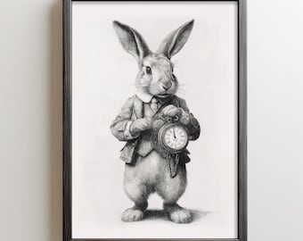 White Rabbit Art Print | Alice in Wonderland Illustration | Vintage Book Engraving | Digital Download