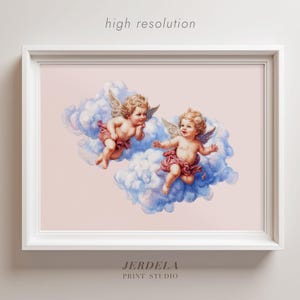 Könnte beinhalten: Gerahmter Druck mit zwei geflügelten Cherubim, die auf einer Wolke schweben. Die Cherubim sind in einem klassischen Stil dargestellt und tragen rosa Stoff. Der Hintergrund ist ein zartes Rosa, mit dem Text "high resolution" oben.