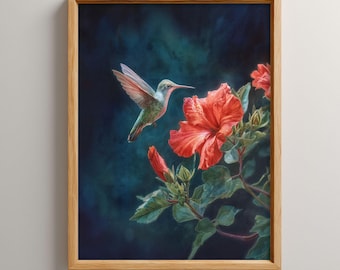 Hummingbird and Hibiscus Art Print, Tropical Teal Botanical Illustration (Digital Download)