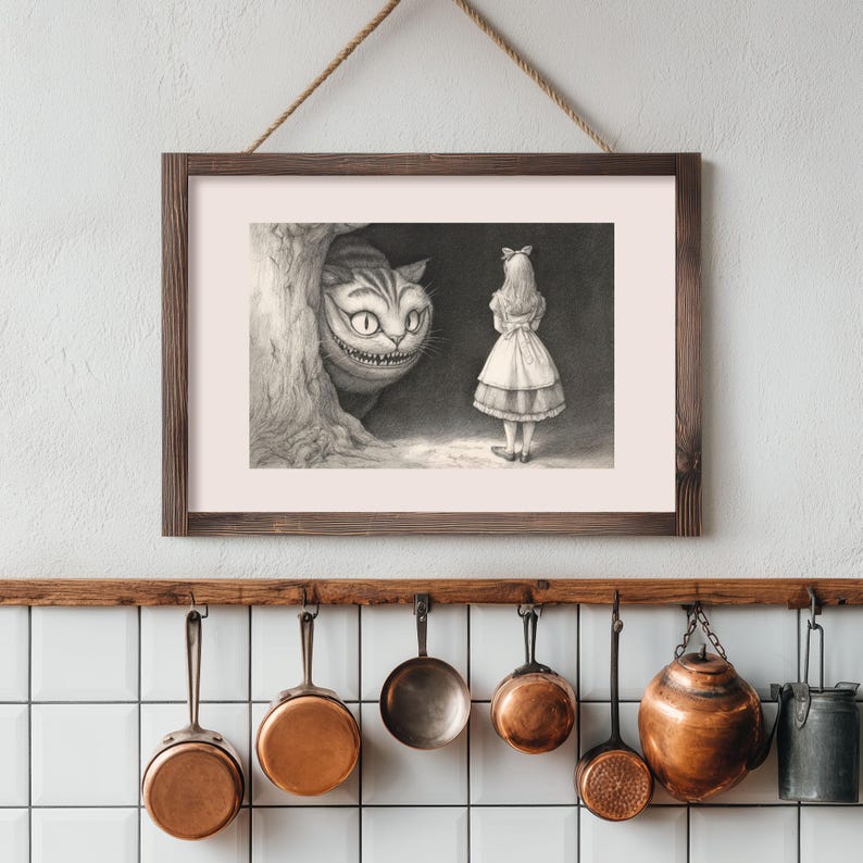 alice cheshire cat, victorian etching style, black ink illustration, lewis carroll print, classic cross hatching, wonderland storybook art, dark academia decor, monochrome wall art, cheshire cat grin, through looking glass, whimsical library art, vintage storybook aesthetic, ancient tree texture, intricate line drawing, high contrast decor, gothic nursery print, alice in wonderland, enchanted forest art, traditional ink style, home library decor, jerdela print studio