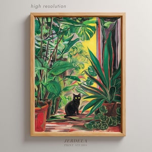May include: A framed print depicting a black cat in a room filled with vibrant green plants. The artwork showcases various potted plants, including large-leafed species and red pots. The print is in a wooden frame and has the text "high resolution" at the top.