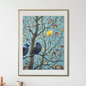 Dipinto originale a guazzo 59х76 cm, mela invernale e uccelli taccole, arte murale, arte botanica, senza cornice