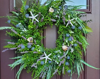 Coastal wildflower beach wreath with starfish and shells, purple wildflower with blue berry wreath, beach house wreath, spring beach wreath