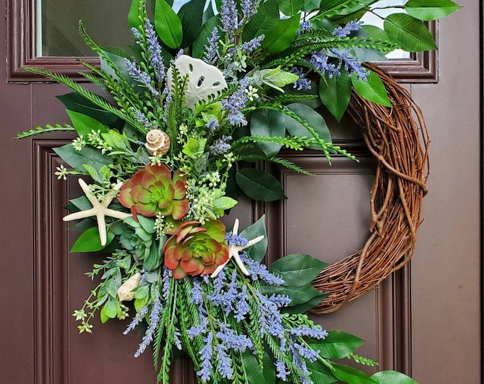 Succulent Beach Wreath for Front Door, Starfish Wreath, Seashell Wreath