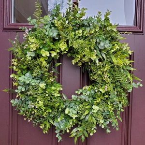 Green mixed eucalyptus wreath, greenery wreath for front door, green wreath, farmhouse wreath, spring, summer, fall wreath, everyday wreath