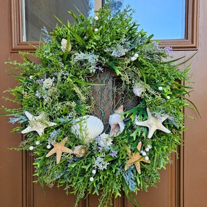 Shoreline coastal starfish and seashell wreath for front door, beach seashell and sea fan wreath, seashore decor, beach wedding wreath