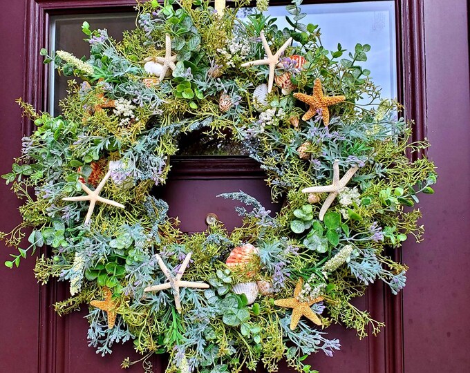 Starfish Coastal Wreath for Front Door, Coastal Front Door Decor, Beach