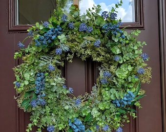 Coastal blueberry wreath with eucalyptus, summer blueberry wreath, spring wreath with greenery, blue and green front door wreath