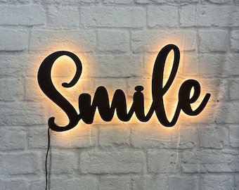 Smile 3D wooden lettering with LED lighting gift for birthday wall decoration children's room decoration home decor wall art positive feelings