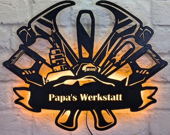 Decorazione da parete "L'officina di papà" - decorazione murale in legno personalizzata - regalo per la festa del papà per papà, artigiani e appassionati del fai da te