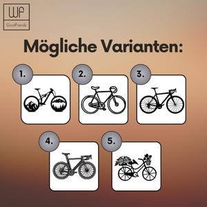 May include: An image showcasing five different black bicycle designs. The text "M&ouml;gliche Varianten:" is displayed above the bicycle illustrations. The WoodFriends logo is in the upper left corner.