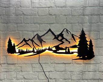 LED wall picture made of wood mountains wooden sign mountain landscape decoration wall art birthday gift mountaineer hiking friends mountain sports climbing
