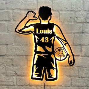 Op de afbeelding: Een zwart silhouet van een basketballer die een basketbal vasthoudt. De speler draagt ​​een shirt met de naam "Louis" en het nummer "43" op de rug. Het silhouet wordt verlicht met een warm geel licht.