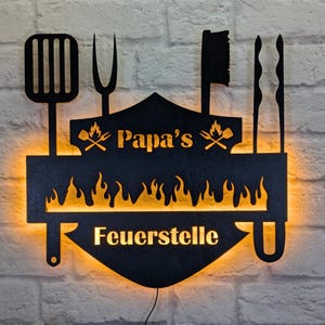 Könnte beinhalten: Schwarze Wanddekoration aus Metall mit einem Feuer-Motiv. Sie verfügt über einen Spatel, eine Gabel, eine Grillbürste und Spieße. Der Text "Papa's Feuerstelle" ist auf dem Schild zu sehen.