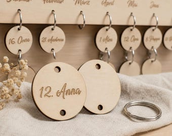 Träplaketter till vår födelsedagskalender – träplaketter med ring – personliga eller tomma – Ø 4 cm