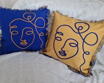 100% Natural Linen cushion covers. Abstract face embroidery. Pillow case. Linen pillow case. Line art.