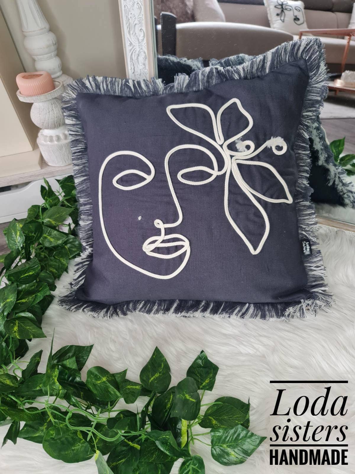 100 Natural Linen Cushion Covers. Abstract Face Embroidery. Etsy