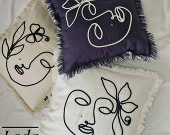 100% Natural Linen cushion covers. Abstract face embroidery. Pillow case. Linen pillow case. Line art.